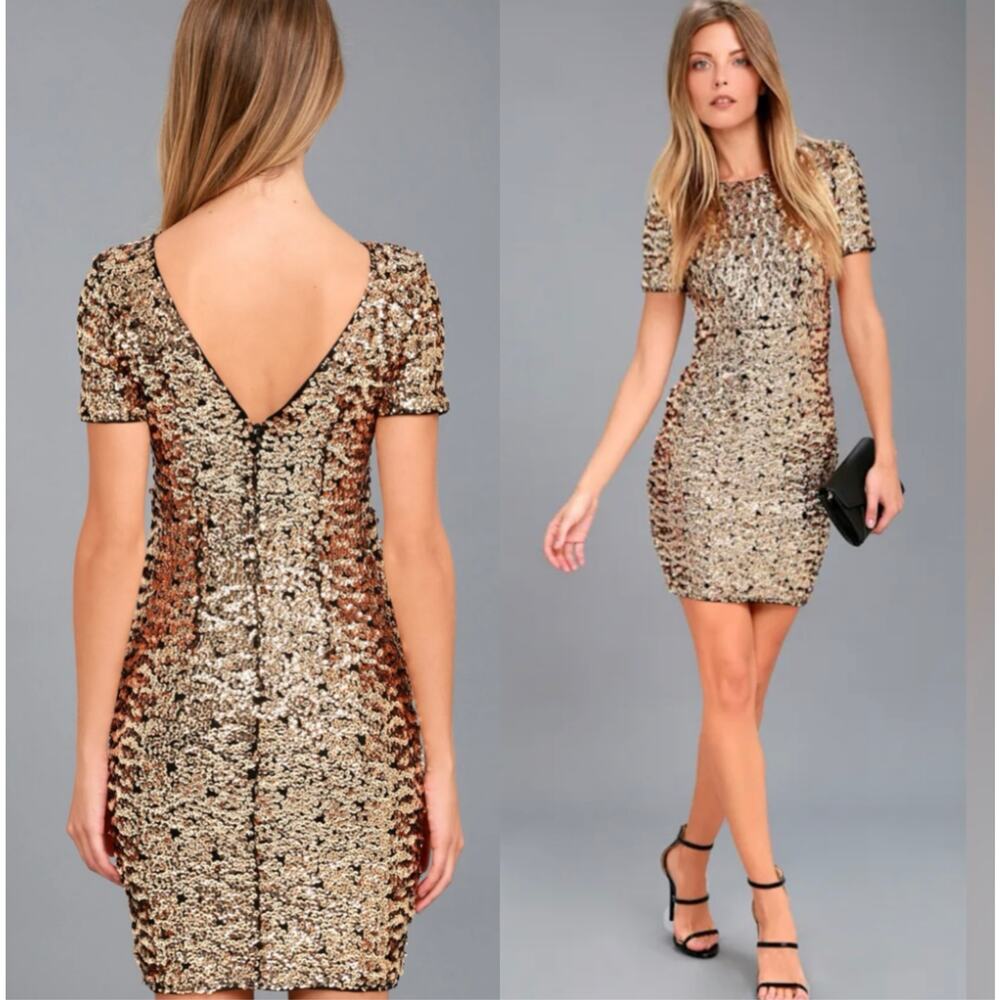 🔥NWT Lulus Nights on Broadway Gold Sequin Bodycon Dress Disco Cocktail Party SM